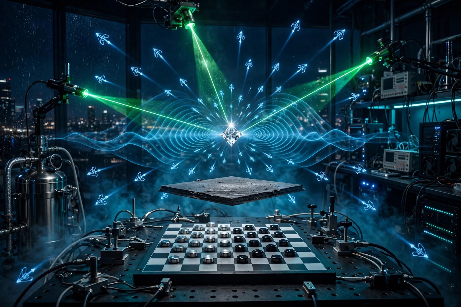 Levitating graphite plate with a diamond above a magnet checkerboard in a quantum lab, green lasers steering electron spins