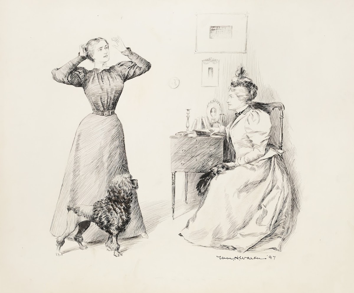 A young woman fixing her hair talks to a seated older woman Both women have dogs