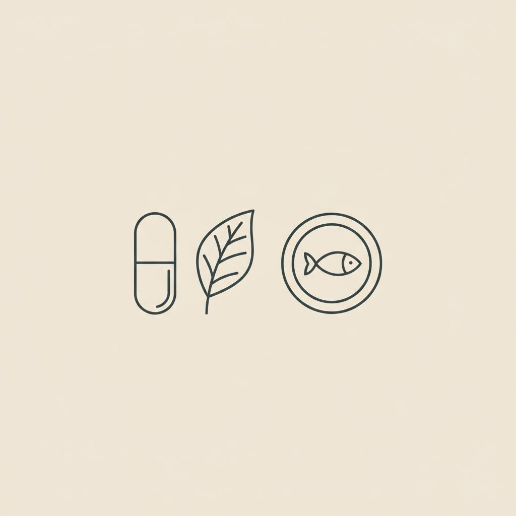 Minimal Tonum-style line illustration of a capsule, botanical leaf, and small plate with fish on beige background, evoking healthy fat burners.