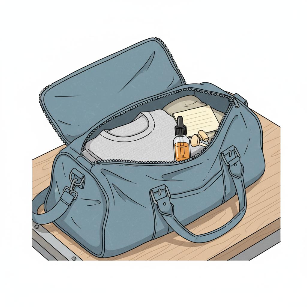 Nahaufnahme einer geöffneten Kliniktasche mit Schlafshirt, Pflegeöl, Ohrstöpseln und leerem Zettel – minimalistisch arrangiert, geeignet für geschenke für schwangere