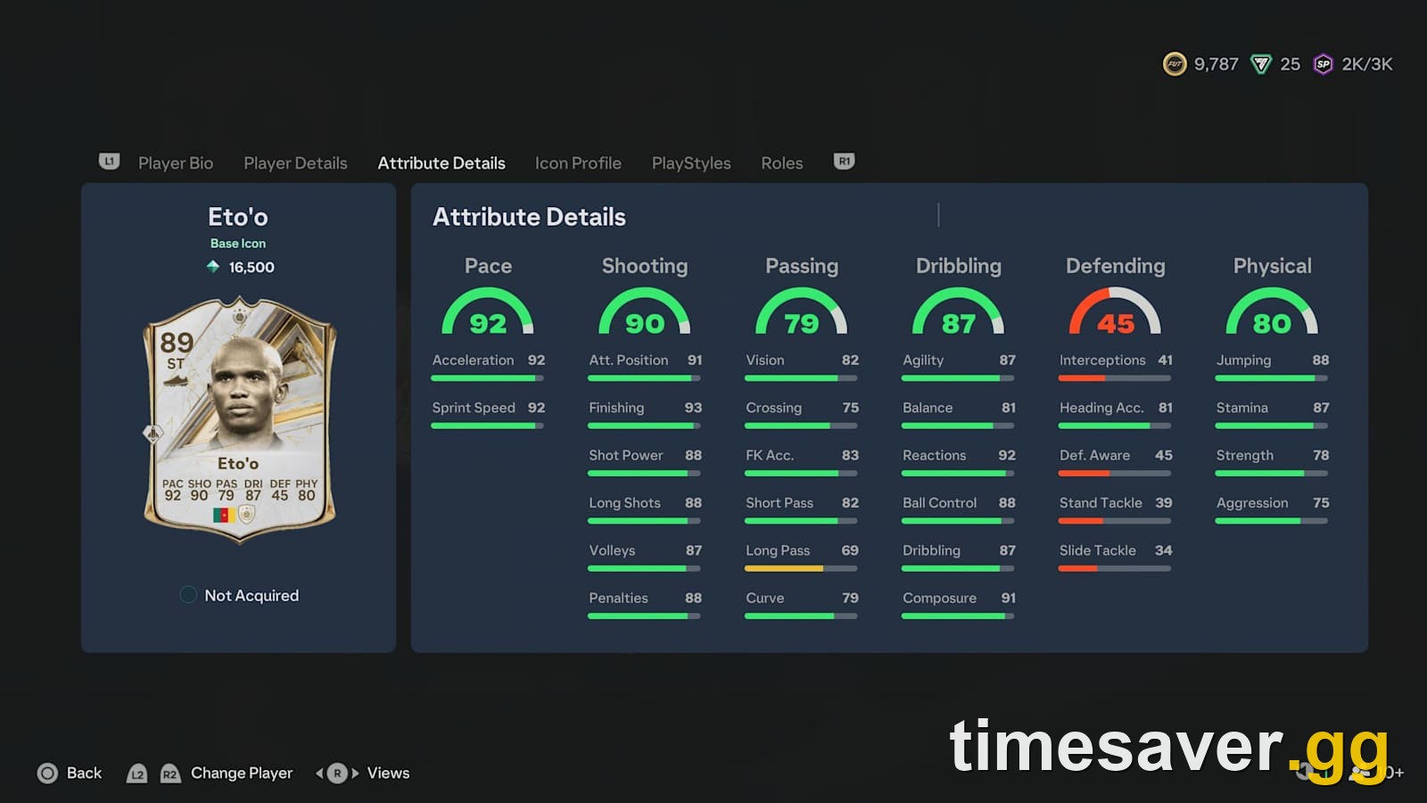 FC 27 Ultimate Team player item details screen showing an ICON card marked Not Acquired