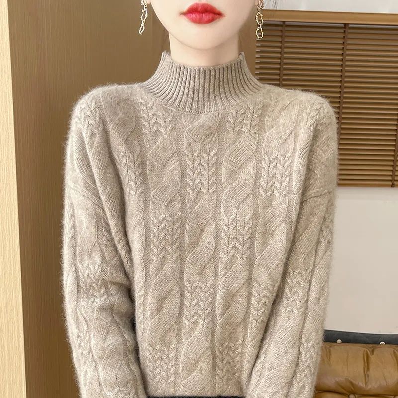 Women's Knit Sweater, Stand-Up Collar, Cable Pattern, 3D Effect