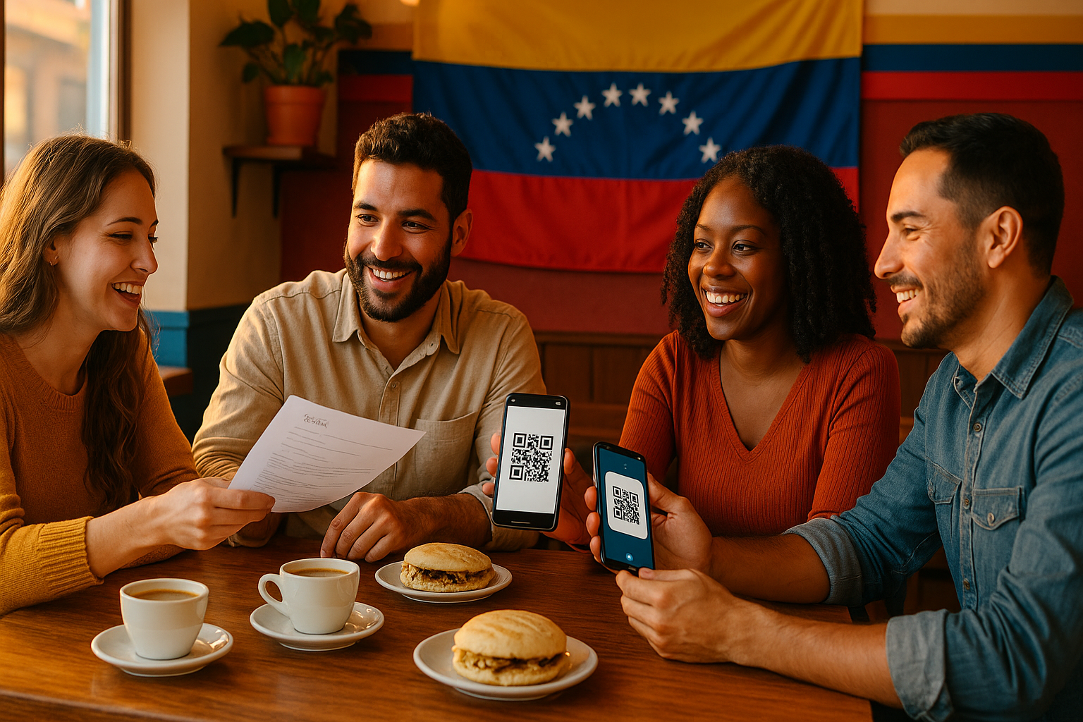 Personas de la diáspora venezolana compartiendo currículos en una arepera