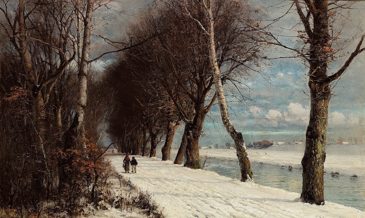 Vinterlandskab med spadserende personer 1880