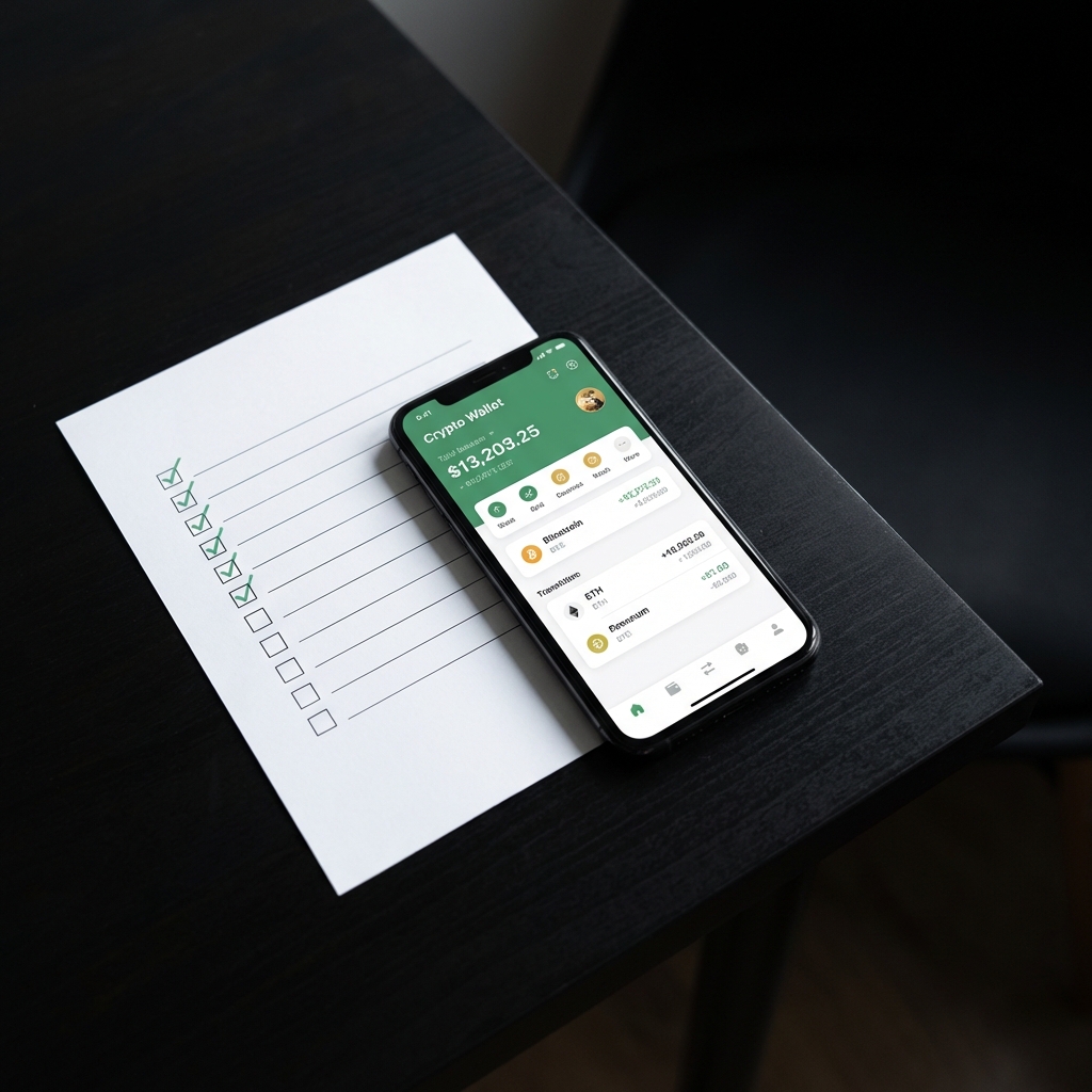 Paper checklist beside smartphone showing a crypto wallet app implying pre purchase preparation minimalist setting and brand colors best way to buy cryptocurrency