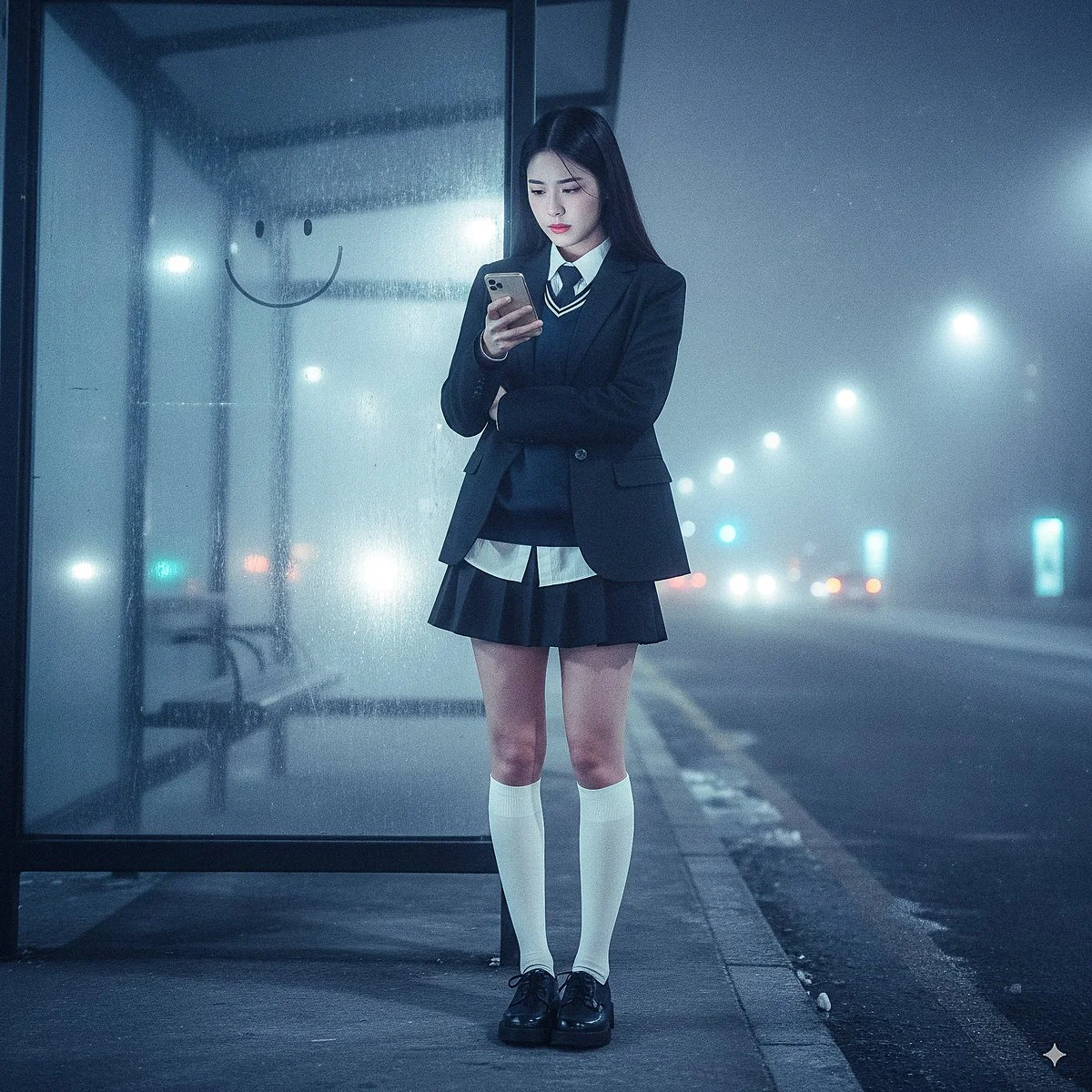 Retrato nocturno hiperrealista de cuerpo entero en 4K de una mujer coreana de 23 años.