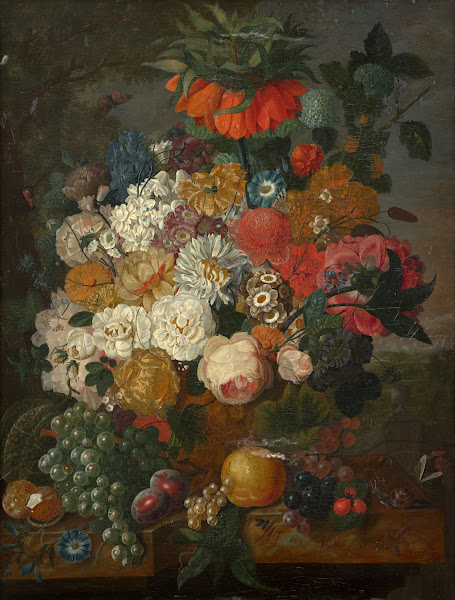 Vase of flowers and fruits on an entablature