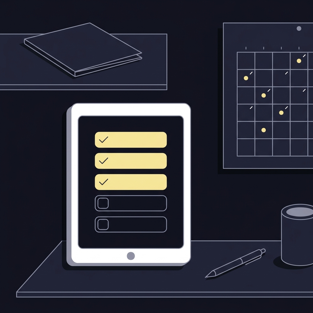 Minimalist 2D vector of a tablet checklist and wall calendar with scheduled review markers representing How to Build a Repeatable Sports Trading Process in Funded Plays brand colors