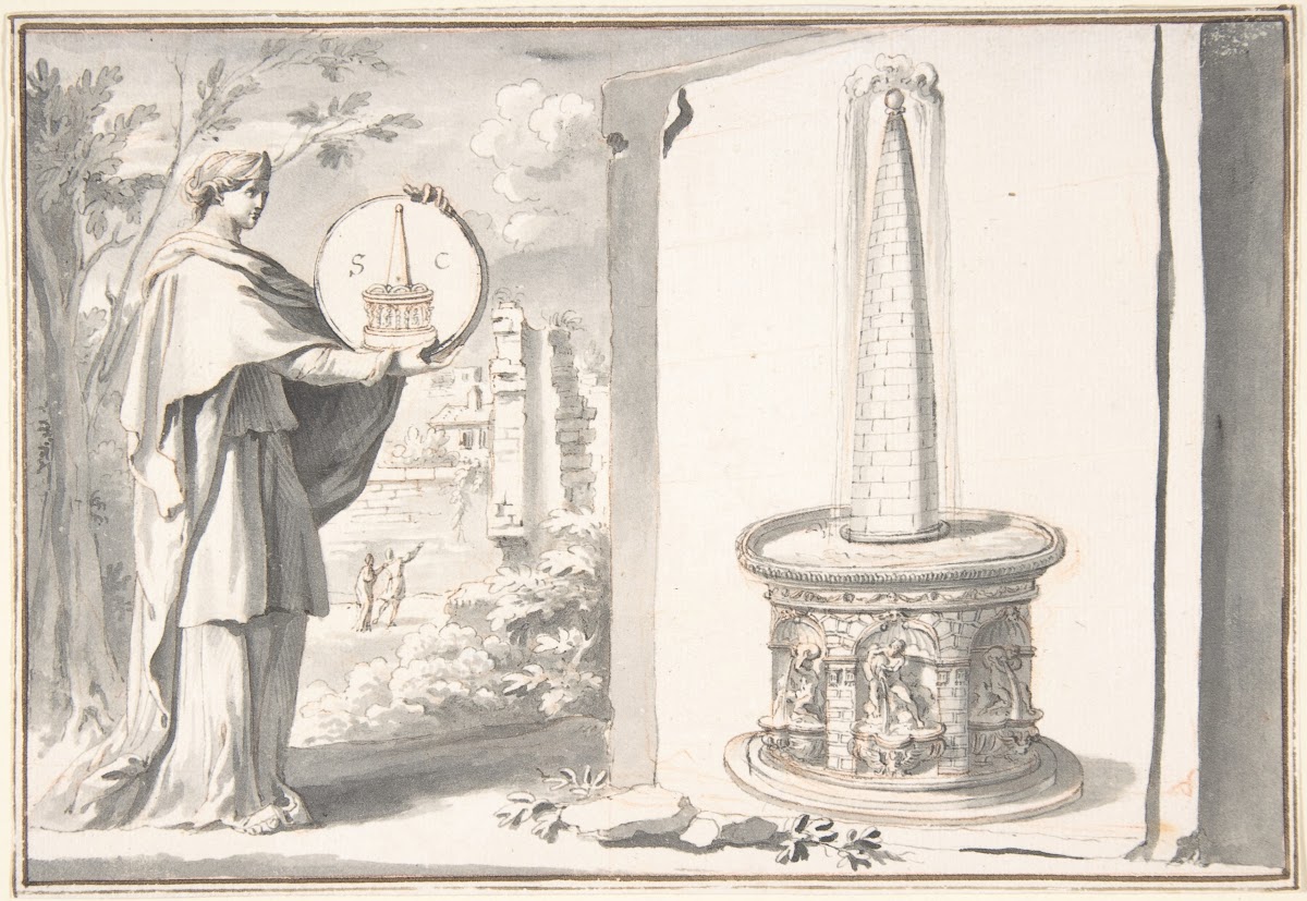 Female Figure Holding a Coin and Image of a Fountain before 1704