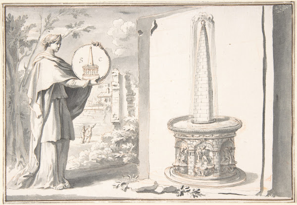 Female Figure Holding a Coin and Image of a Fountain before 1704
