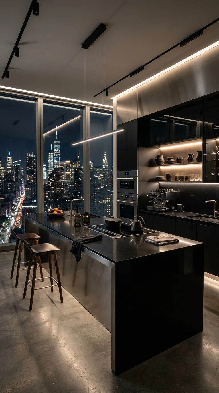 Luxury Penthouse Kitchen Midnight City View Wallpaper - Free 4K mobile Wallpaper