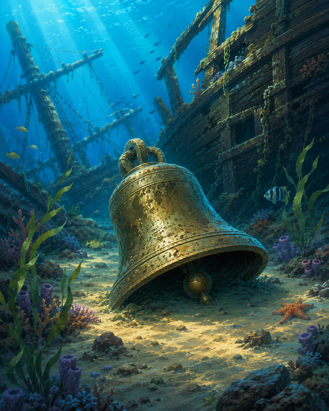 Unterwasserarchäologen untersuchen ein historisches Schiffswrack mit Schiffsglocke und Kanone
