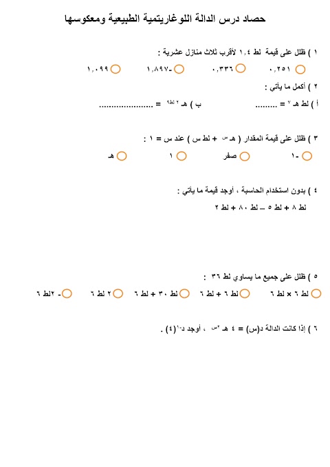 حصاد درس الدالة اللوغاريتمية الطبيعية ومعكوسها - رياضيات أساسية الصف 12 الفصل 1