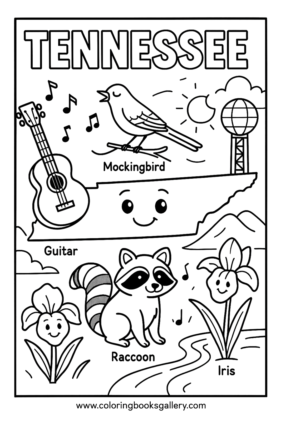 Tennessee Educational Coloring Page – Simple Educational Printable Line Art for Kids – printable coloring page