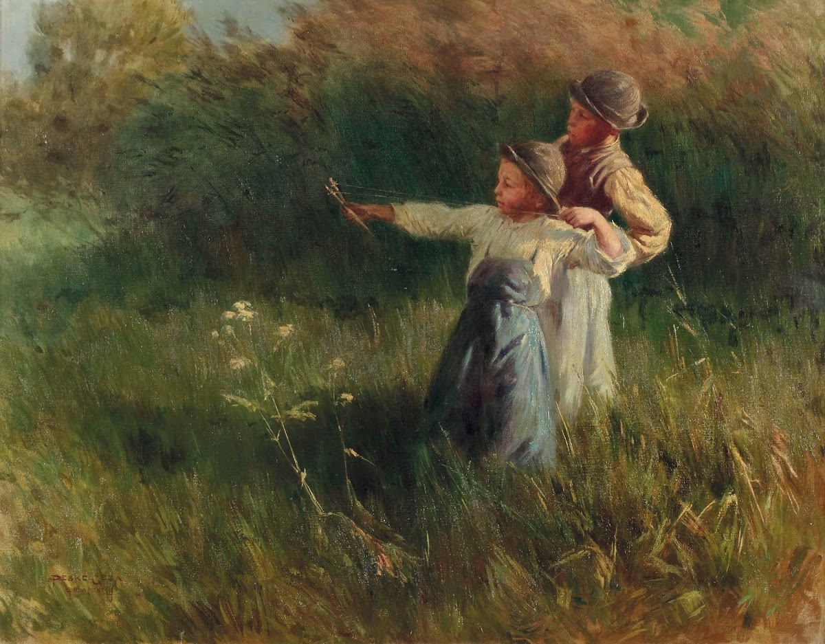 Zwei Buben Mit Steinschleuder Auf Der Sommerwiese