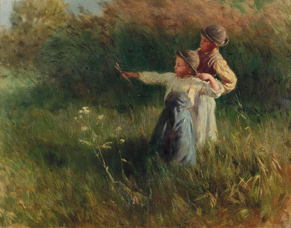 Zwei Buben Mit Steinschleuder Auf Der Sommerwiese