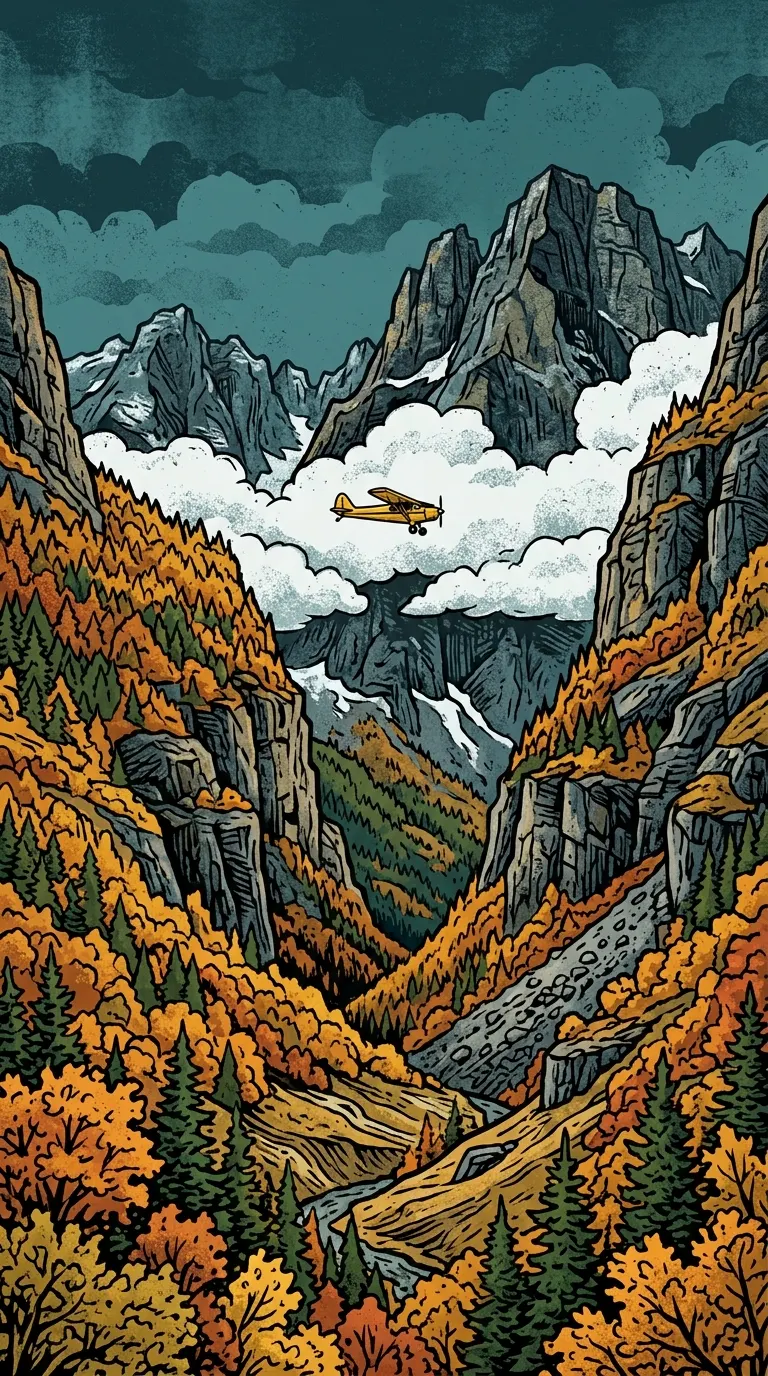 Autumn Mountain Valley Vector Landscape with Small Biplane - Free 4K mobile Wallpaper