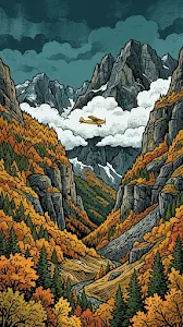 Autumn Mountain Valley Vector Landscape with Small Biplane