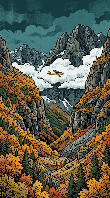 Autumn Mountain Valley Vector Landscape with Small Biplane - Free mobile Wallpaper