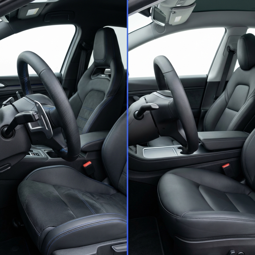Close full frame interior comparison showing sport and comfort trims of a used toyota corolla for sale highlighting different seat trim and steering wheel details against a white background