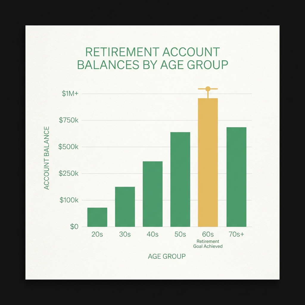 Minimalist vector bar chart on paper showing retirement account balances by age group illustrating retirement planning tips using Finance Police brand colors