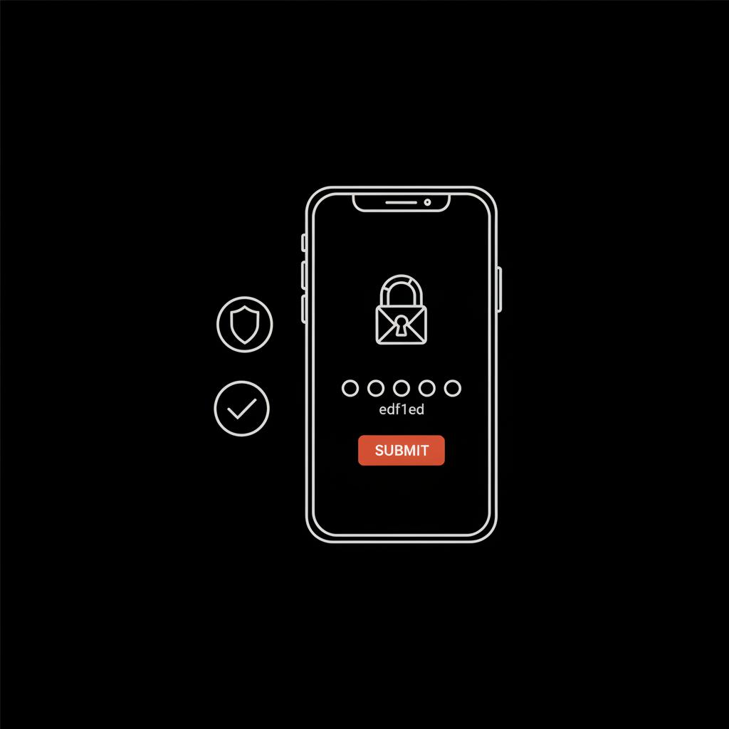 Minimal vector smartphone with padlock and six-dot code input popup on black background for google account recovery; flat modern design with light text and subtle orange accent