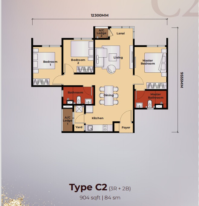 Queenswoodz Type C2 floor plan — 1410 sq ft, 4 bedrooms