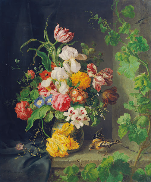 Still life with flowers sparrow and vine branch 1848