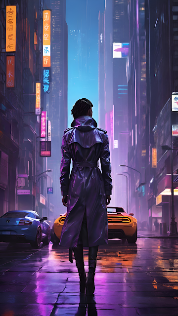 Cyberpunk City Street Woman Trench Coat Neon Lights - Free mobile Wallpaper