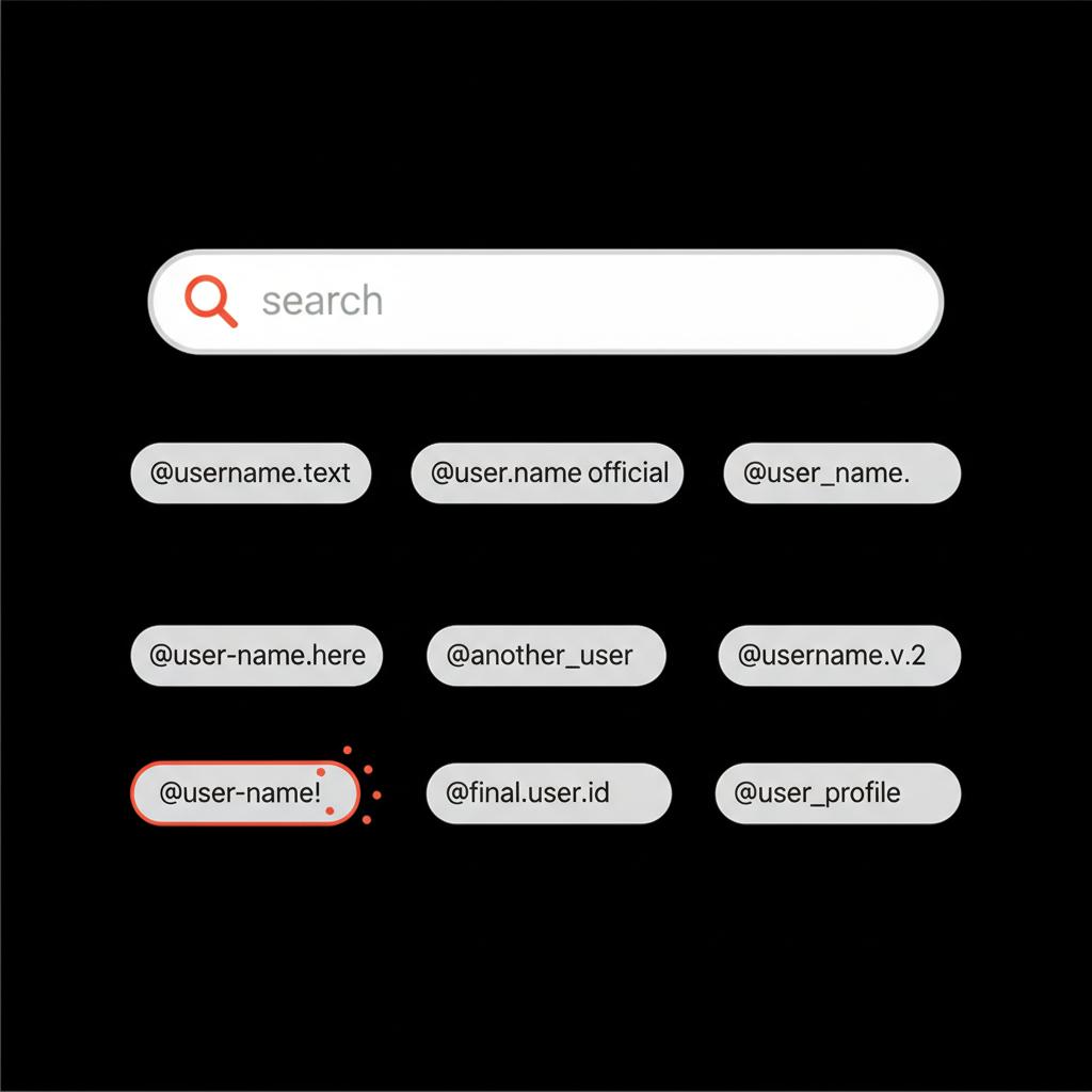 Sleek infographic on black background showing a stylized search bar and vector username chips (dots, underscores, hyphens, special characters) to help find Instagram username