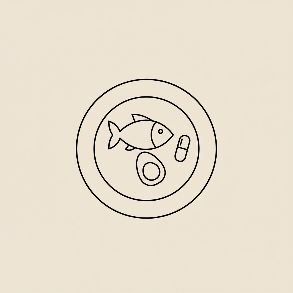 Minimalist Tonum-style line illustration of a plate with a fish, an egg, and a capsule on a beige background, representing best protein for losing belly fat.