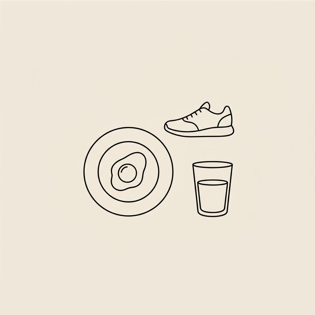 Minimal Tonum-style vector of a plate with a protein portion, a glass of water, and a walking shoe on beige background, what lowers blood sugar the fastest