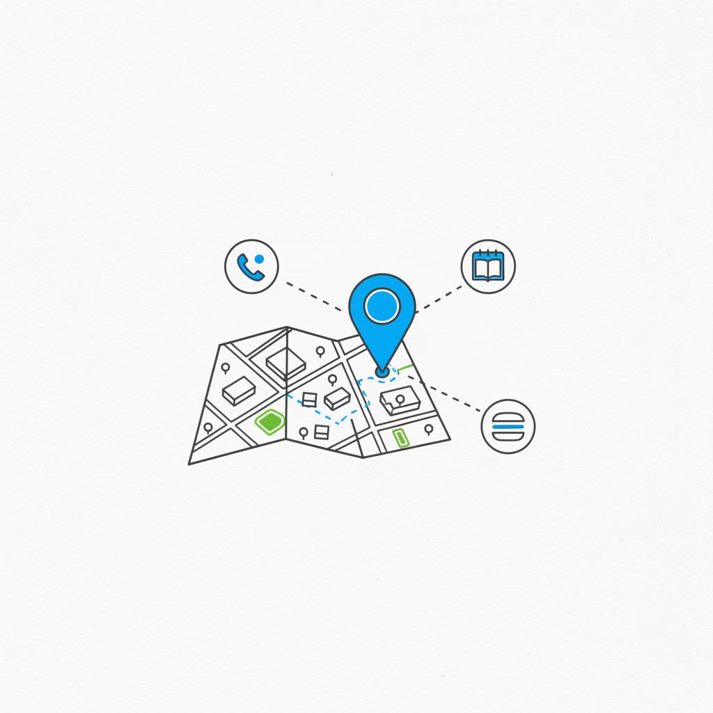 Minimal 2D vector sketch of a local map with a marked pin and three surrounding icons (call, book, menu) in Agency Visible colors &mdash; is Yelp free for business owners