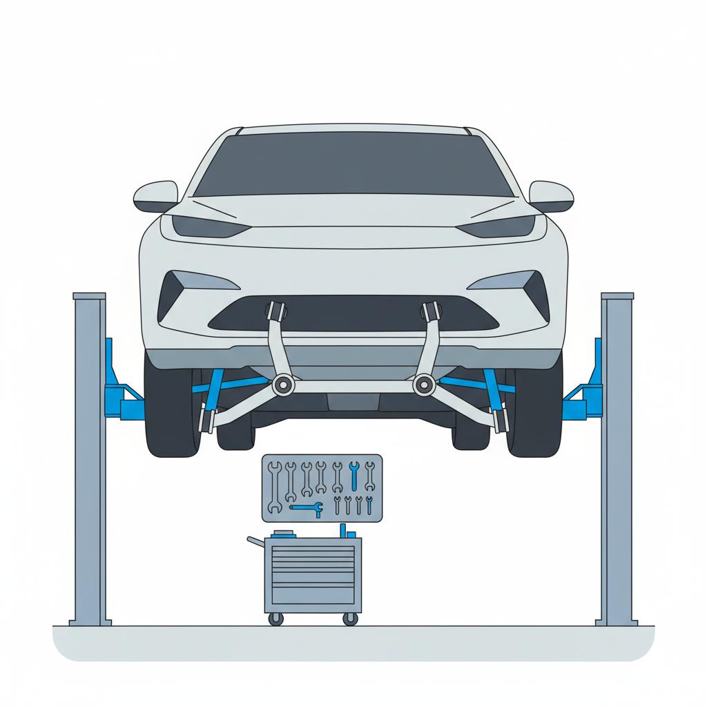 Minimalist vector of vehicle undercarriage focusing on suspension and mounts with a tool cart accented in 3666ed blue for Subaru Toyota engine