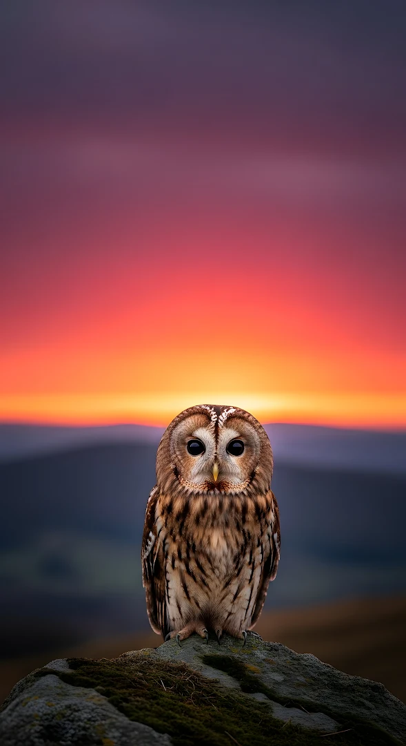 Tawny Owl Perched Rock Dramatic Sunset Wildlife Portrait