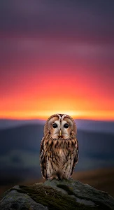 Tawny Owl Perched Rock Dramatic Sunset Wildlife Portrait