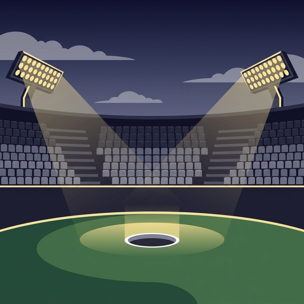 Minimalist 2D vector of a closing golf hole under stadium lights at twilight with stands suggested by geometric seat blocks using brand palette, editorial image for pga tour betting