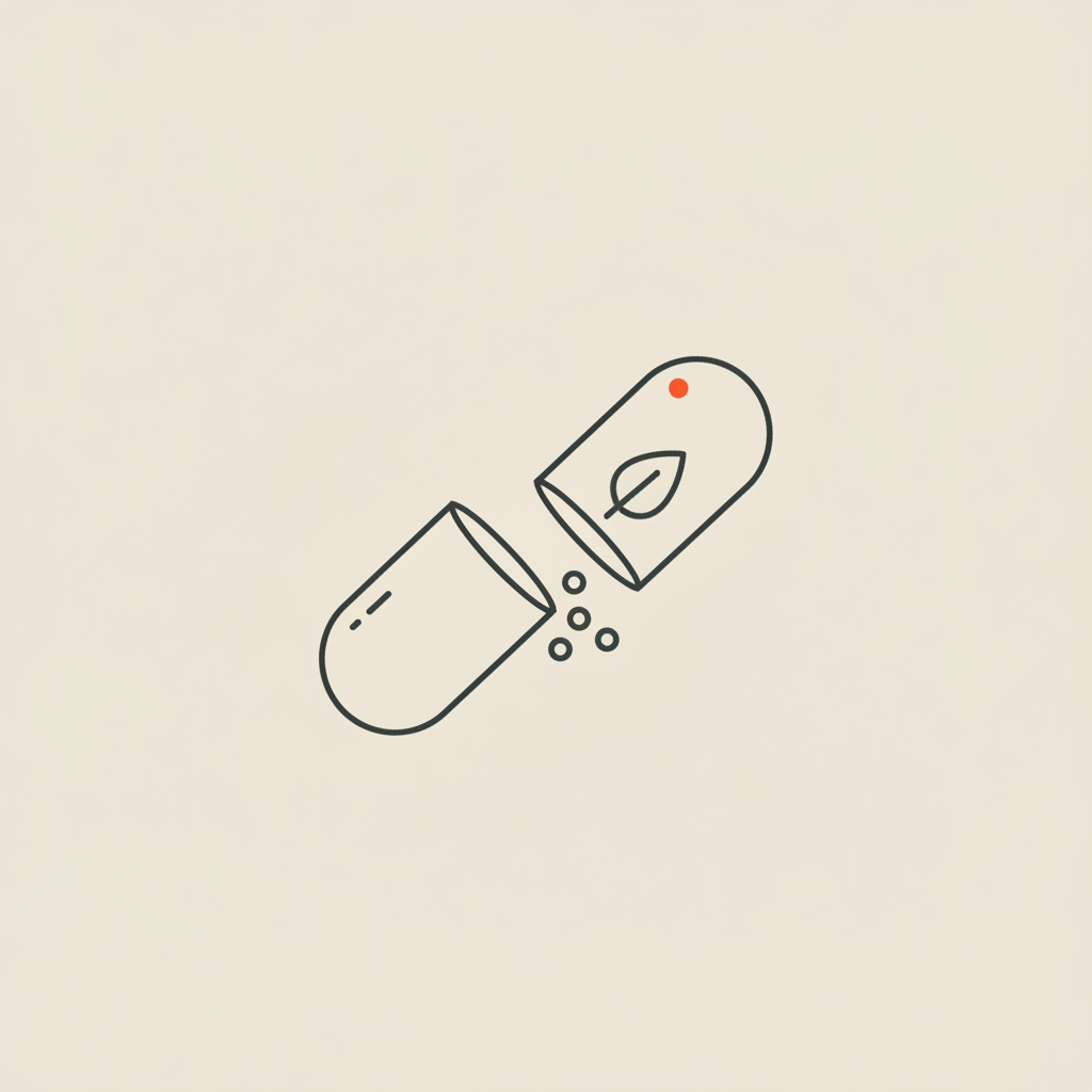 Minimal line illustration of an open capsule with a leaf and nutrient dots on beige background, representing a supplement that stops cravings