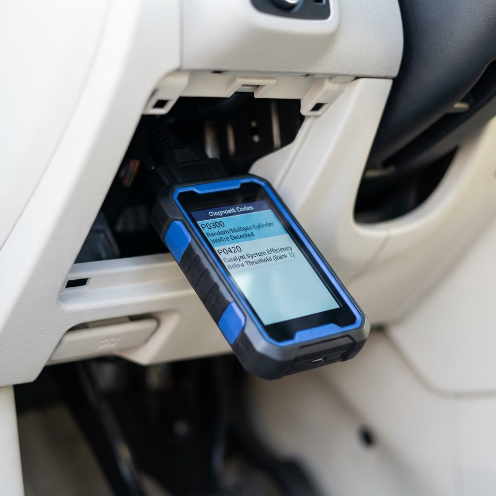 Close up OBD II scanner plugged under car dashboard with diagnostic codes visible on screen, clean white background and CarFax Deals blue accents, audi q7 for sale