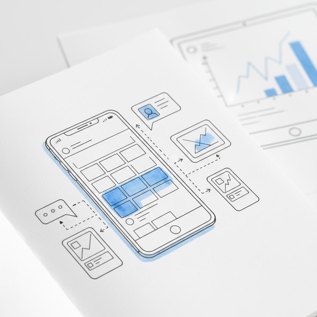 Notebook-style sketch close-up of a smartphone feed highlighting X ad formats with #1a5bfb accents and a blurred tablet analytics sketch on a white page, minimalist layout.