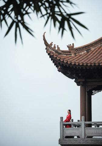 Woman on Temple Balcony Against Sky