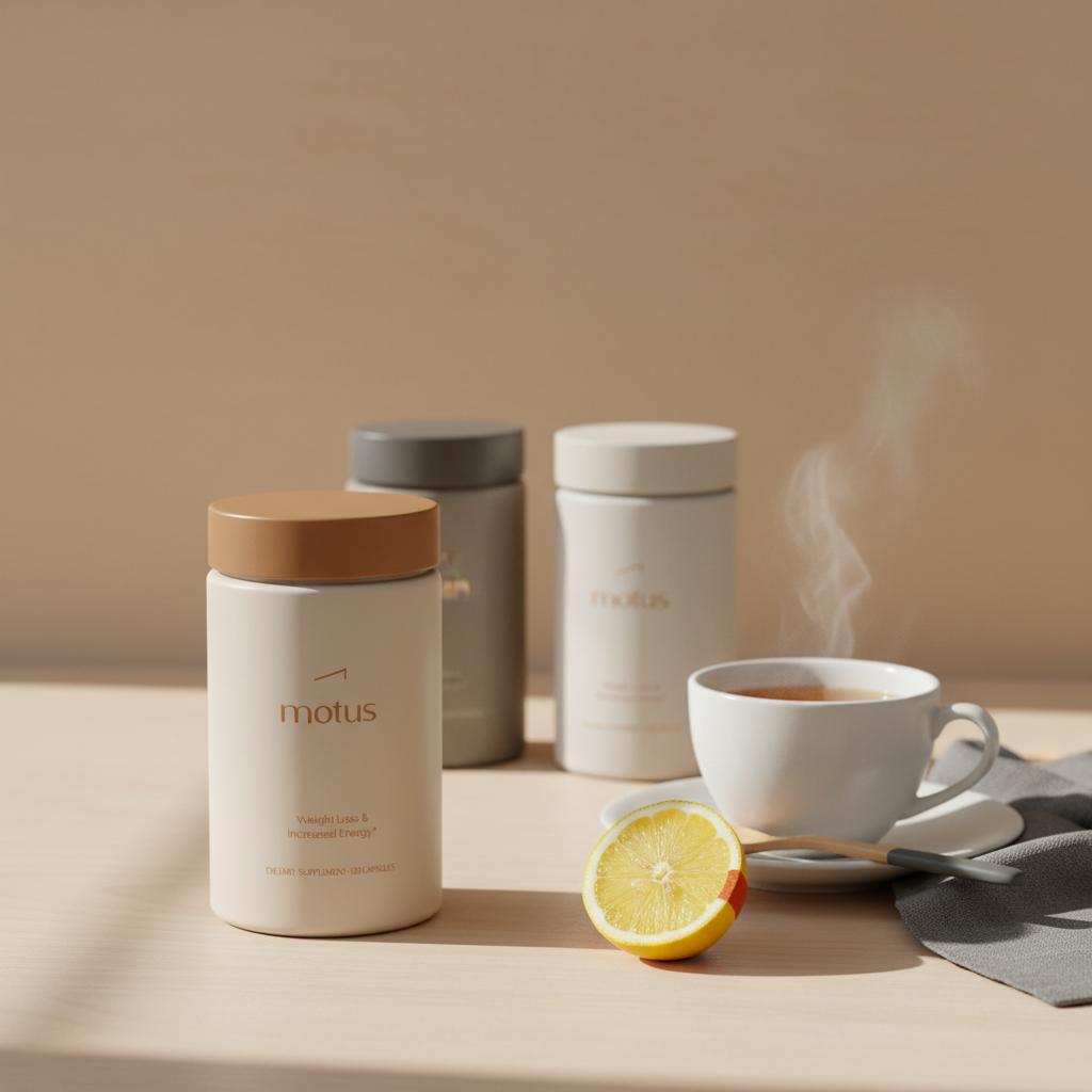 Minimal kitchen still life with Tonum milk thistle supplement bottle on wooden counter beside a steaming cup of herbal tea and sliced lemon in soft natural light
