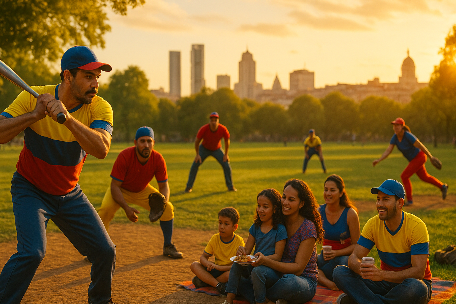 Venezolanos jugando softbol en un parque urbano al atardecer con familias alrededor