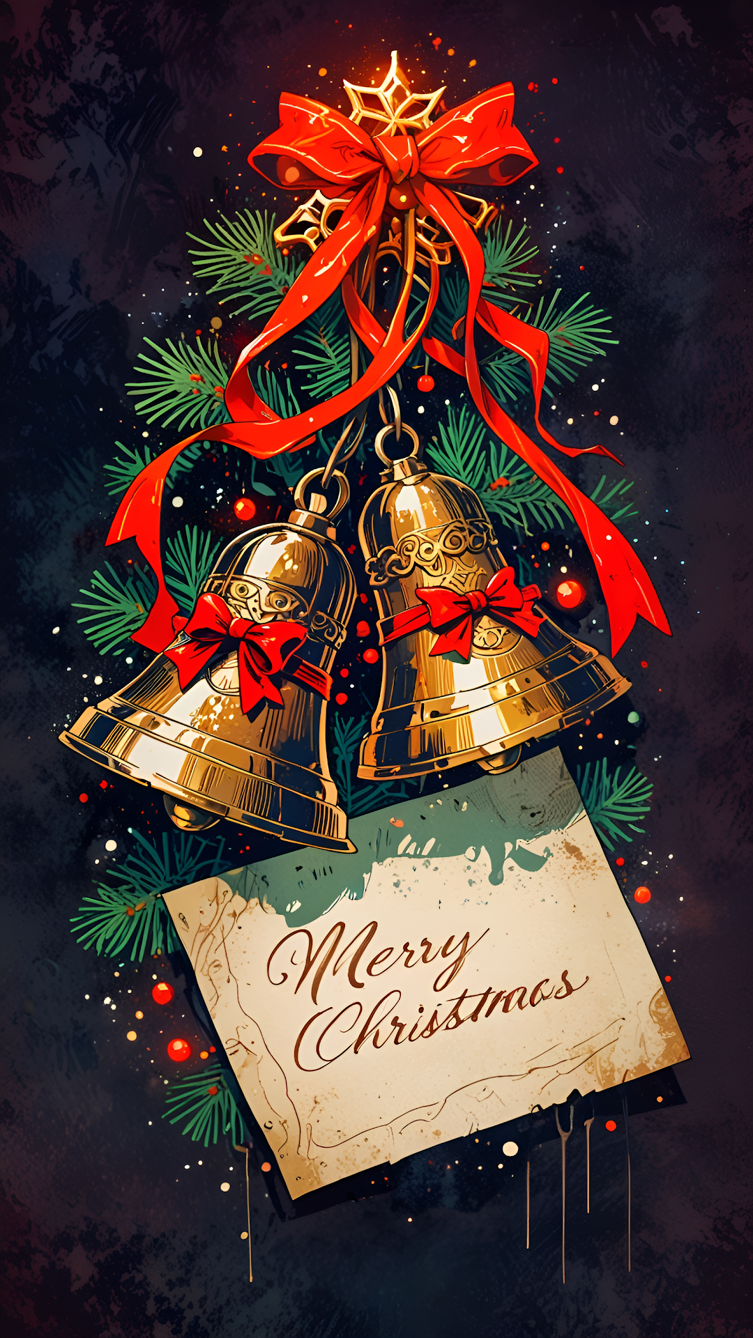 Golden Christmas Bells with Red Ribbon and Merry Note - Free 4K mobile Wallpaper