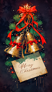 Golden Christmas Bells with Red Ribbon and Merry Note