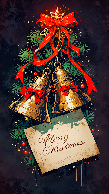 Golden Christmas Bells with Red Ribbon and Merry Note - Free mobile Wallpaper