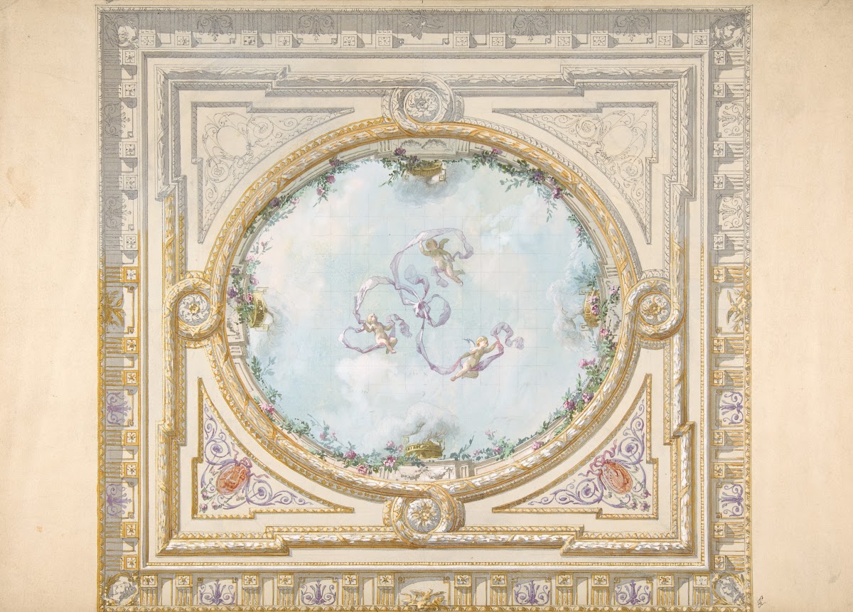 Design for a ceiling in rococo style with a trompe loeil oculus 19th Century