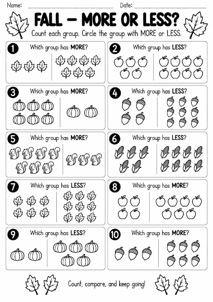 Fall More or Less Worksheet