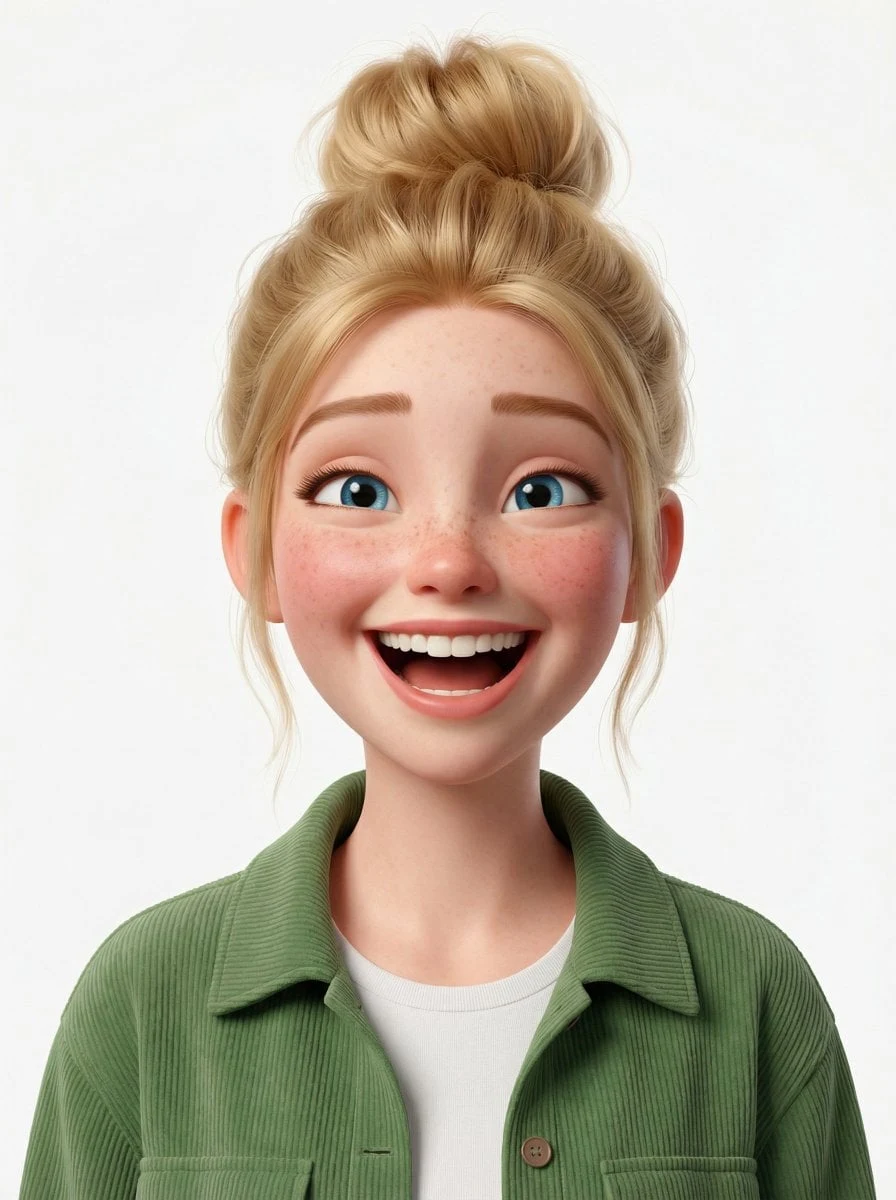 Crea un avatar 3D de estilo Pixar de medio cuerpo de una persona con un estilo atrevido, basado en la imagen de referencia con un fondo negro...