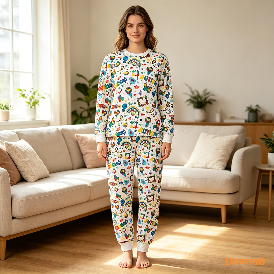 AOP KHU Adult Long Sleeve Milk Silk Pajama Set with Pants